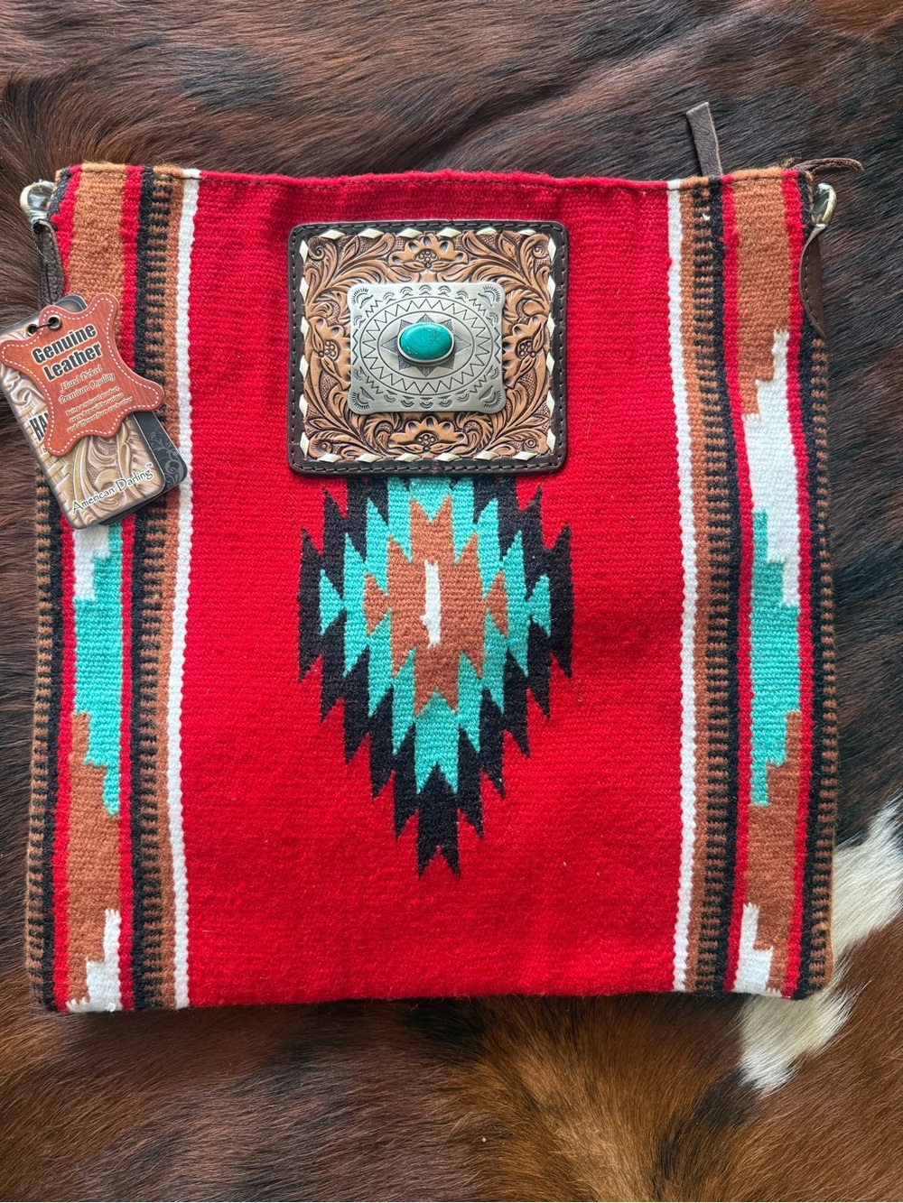 American Darling- Southwestern Red Wool Crossbody Bag with Turquoise Concho